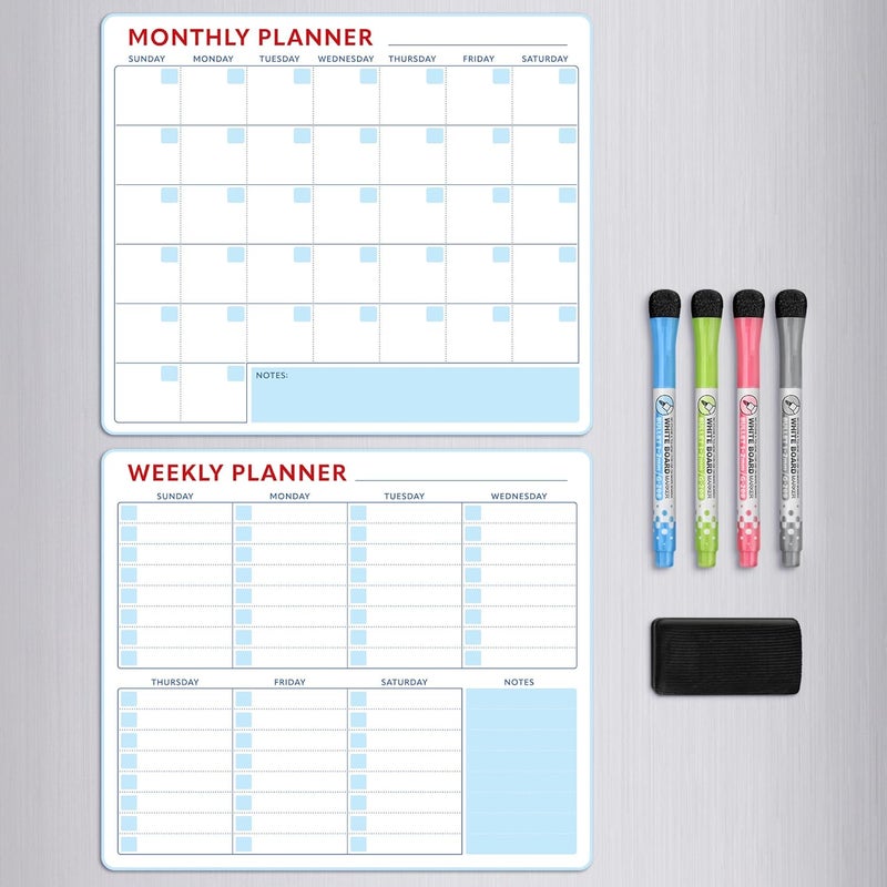 Beech & Lambert Magnetic Whiteboard Calendar for Fridge – 2-Pack Monthly & Weekly Planners (14”x12”) – Dry Erase Boards with Notes Section, Shaded Dates – Includes 4 Markers & Magnetic Eraser - Image 2